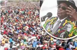  ??  ?? Part of the bumper crowd in Chinhoyi yesterday. Inset: President Mugabe addressing the crowd