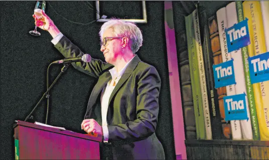  ?? Craig Mitchelldy­er The Associated Press ?? Democratic gubernator­ial candidate Tina Kotek toasts supporters Tuesday after primary results are announced in Portland, Ore.