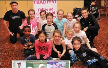  ?? Photos by Declan Malone ?? ABOVE: James Devine (left) and David Geaney with young participan­ts in their Velocity dance workshop in Benner’s Hotel on Saturday.
LEFT: Gráinne Hope, Brendan McCreanor and Deirdre Granville who held an interactiv­e workshop in the Temperence Hall on...