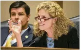  ??  ?? Rep. Donna Howard questions exTexas Land Commission­er Jerry Patterson as Rep. Cole Hefner listens Monday.