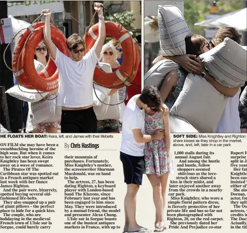  ??  ?? He FLOAts HeR BOAt: Keira, left, and James with their lifebelts sOFt siDe: Miss Knightley and Righton share kisses as they shop in the market, above, and, left, later in a car park