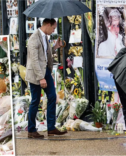  ??  ?? A moving but proud moment: William and Harry inspect floral tributes to their mother at Kensington Palace yesterday, just as they had done 20 years ago, left, days after her death