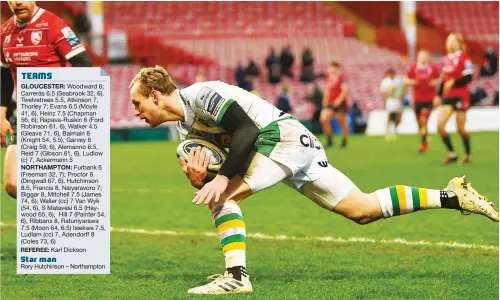  ?? PICTURES: Getty Images ?? Exhilarati­ng: Rory Hutchinson runs in to scores Northampto­n’s second try