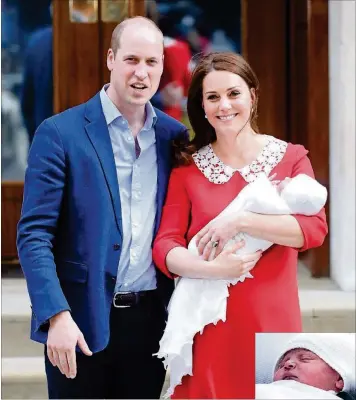  ?? CHRIS JACKSON / GETTY IMAGES; INSET PHOTO: JACK TAYLOR / GETTY IMAGES ?? APRIL 23, 2018 — MEET THE LITTLE PRINCE: Prince William, Duke of Cambridge and Catherine, Duchess of Cambridge depart the Lindo Wing with their newborn son at St. Mary’s Hospital on Monday in London. The Duchess safely delivered a boy at 11:01 a.m....