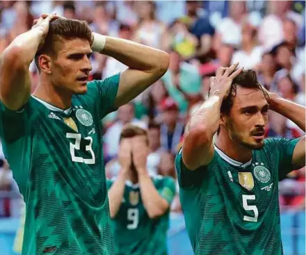  ?? REUTERS PIC ?? 2014 World Cup champion Germany lost to South Korea 0-2, the first time in 80 years that it has fallen in the first round.