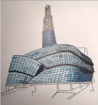  ??  JUSTIN TRUDEAU/LIBERAL PARTY OF CANADA ?? Liberal Leader Justin Trudeau’s drawing, entitled Canadian Liberty, depicts the Canadian Museum for Human Rights in Winnipeg, dedicated to advancing human rights.