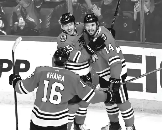  ?? MATT MARTON/AP ?? Joey Anderson (15) celebrates his goal with Boris Katchouk and Jujhar Khaira during the second period against the Bruins on Tuesday.