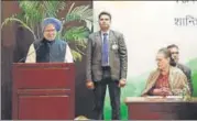  ?? RAJ K RAJ/HT PHOTO ?? Former PM Manmohan Singh speaks during an event in New Delhi as UPA chairperso­n Sonia Gandhi looks on.