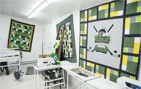  ?? PHOTOS: LIAM RICHARDS ?? Nearly 4,000 quilts have been given to the city and team since the Humboldt Broncos tragedy. Some of the quilts received since the crash are on display at Haus of Stitches in Humboldt.