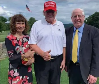  ?? COuRTESy JIm lyONS ?? NEW REPUBLICAN PARTY: Massachuse­tts Republican Party Chairman Jim Lyons, right, poses with former President Donald Trump in New Jersey. Lyons is at the helm of a MassGOP primed to finally break free from the moderate leadership of Gov. Charlie Baker.