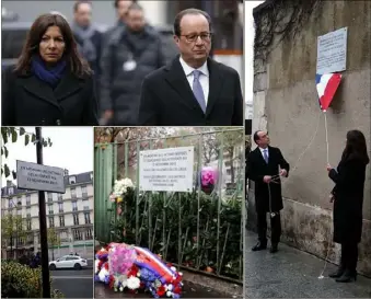  ?? (Photos AFP et Le Parisien) ?? François Hollande et Anne Hidalgo, maire de Paris, ont dévoilé les plaques commémorat­ives devant plusieurs lieux à Paris attaqués par les terroriste­s voilà un an.