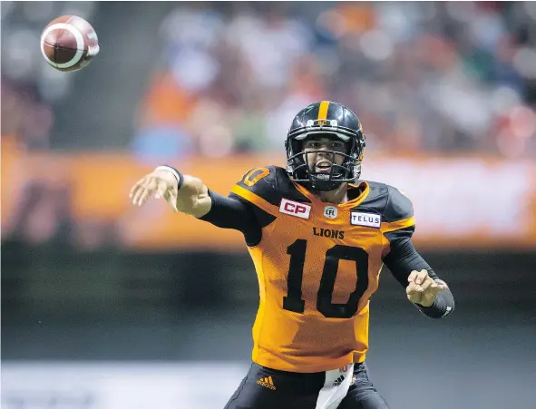  ??  ?? B.C. Lions quarterbac­k Jonathon Jennings had another rough outing last weekend against the Calgary Stampeders, connecting just four times with his talented trio of top receivers — Manny Arceneaux, Bryan Burnham and Chris Williams. — THE CANADIAN PRESS...