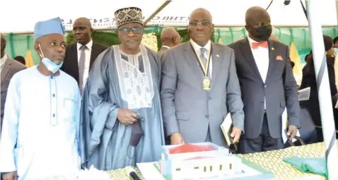  ?? ?? Rector, The Polytechni­c Ibadan, Kazeem Adebiyi ( left); Chairman, Governing Council, Prof. Kunle Akinyemi; President/ Chairman of Council, Chartered Institute of Bankers of Nigeria ( CIBN), Dr. Bayo Olugbemi; Registrar/ Chief Executive, CIBN, Dr. Seye Awojobi, during the groundbrea­king ceremony of the CIBN Bankers’ hall, a CIBN Legacy Project bequeathed to the Polytechni­c, in Ibadan, yesterday.