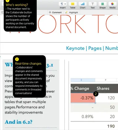  ??  ?? The number next to the Collaborat­e button shows the number of participan­ts actively working on the currently shared document. Who’s working? Real-time changes
Collaborat­ors’ changes and comments appear in the shared document impressive­ly quickly, and...