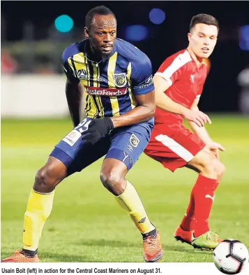  ??  ?? Usain Bolt (left) in action for the Central Coast Mariners on August 31.