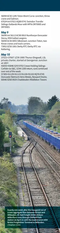  ?? (Stephen Ginn) ?? Exactly one week after the inaugural run of a new aggregate flow between Bristol and Willesden, DC Rail Freight 60046 William Wilberforc­e runs through Oldfield Park station on April 21 with the loaded 6Z24 1459 Bristol Freightlin­er Terminal to Willesden.