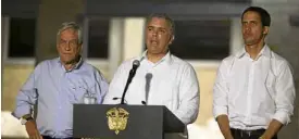  ?? —AP ?? THREE PRESIDENTS The presidents of three nations, (from left) Sebastian Pinera of Chile, Ivan Duque of Colombia and Juan Guaido of Venezuela, send off foreign aid convoys to Venezuela from Cucuta, Colombia.