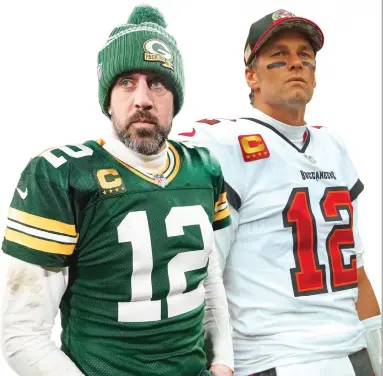  ?? MORRY GASH — THE ASSOCIATED PRESS NHAT V. MEYER — STAFF ARCHIVES ?? The Green Bay Packers' Aaron Rodgers, left, and the Tampa Bay Buccaneers' Tom Brady — both Northern California natives — are the top names churning in the rumor mill to help solve the San Francisco 49ers' quarterbac­k situation.