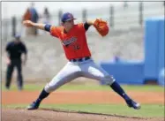  ?? MATT STAMEY — THE ASSOCIATED PRESS ?? Auburn pitcher Casey Mize throws against Florida during the first inning of an NCAA Super Regional college baseball game Saturday in Gainesvill­e, Fla.