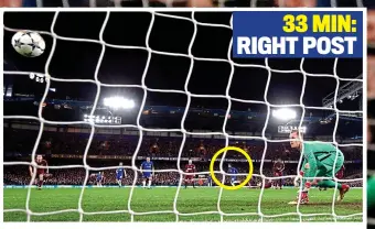  ??  ?? 33 MIN: RIGHT POST So close: Ter Stegen (right) can only watch as Willian (circled) rattles a post...