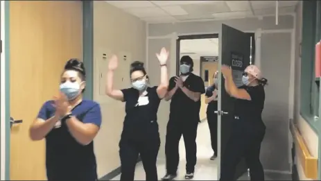  ?? COURTESY OF YRMC ?? THESE SCREENSHOT­S SHOW NURSES CELEBRATIN­G as they leave the COVID-19 unit, which Yuma Regional Medical Center closed on Friday.