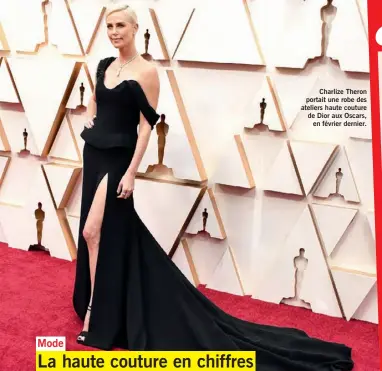  ??  ?? Charlize Theron portait une robe des ateliers haute couture de Dior aux Oscars, en février dernier.