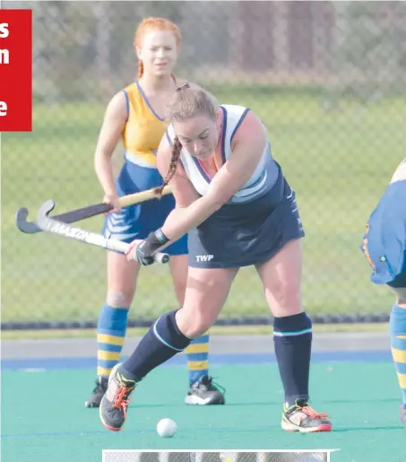  ?? Pictures: CORMAC HANRAHAN ?? Geelong captain Courtney Pearson sends her team into attack against Central Victoria at Stead Park yesterday morning. LEFT: Geelong goalkeeper Jessie Johnson fends off a shot on goal from Central Victoria.