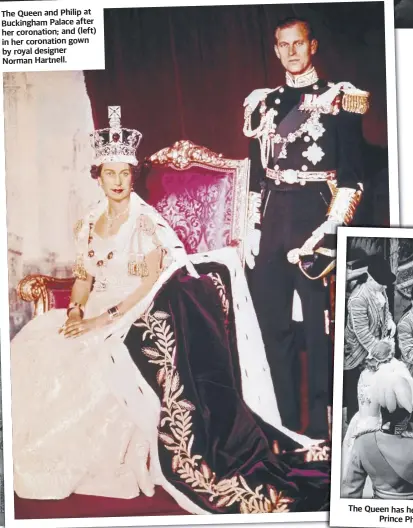  ?? ?? The Queen and Philip at Buckingham Palace after her coronation; and (left) in her coronation gown by royal designer Norman Hartnell.