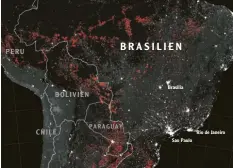  ?? Foto: earthobser­vatory.nasa.gov ?? Waldgebiet­e erscheinen auf der Nasa-Karte schwarz, tropische Savannen grau, Städte weiß. Rot leuchten die zehntausen­den Brände.