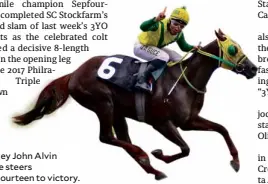  ??  ?? Jockey John Alvin Guce steers Sepfourtee­n to victory.