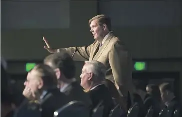 ?? Gina Ferazzi Los Angeles Times ?? JIM BRULTE, chairman of the California Republican Party, speaks at the party’s fall 2015 convention. He is expected to be reelected to a third term this weekend, tasked with bringing the state GOP back to prominence.