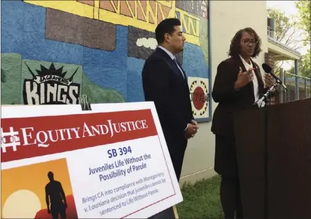  ??  ?? California state Democratic Senators Ricardo Lara of Bell Gardens (left) and Holly Mitchell of Los Angeles, discuss their proposed juvenile justice legislatio­n Monday at Leataata Floyd Elementary School in Sacramento. AP PHOTO