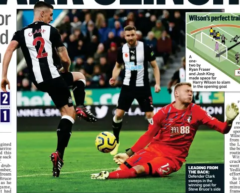  ??  ?? LEADING FROM THE BACK: Defender Clark sweeps in the winning goal for Steve Bruce’s side