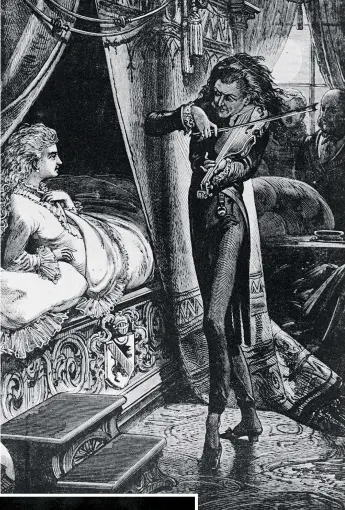  ??  ?? Sheet music: Paganini enchants a young listener while on tour in England; (left) a cast of his right hand