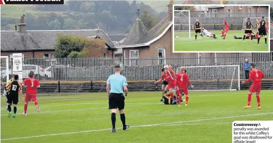  ??  ?? Controvers­y A penalty was awarded for this whilst Coffey’s goal was disallowed for offside (inset)