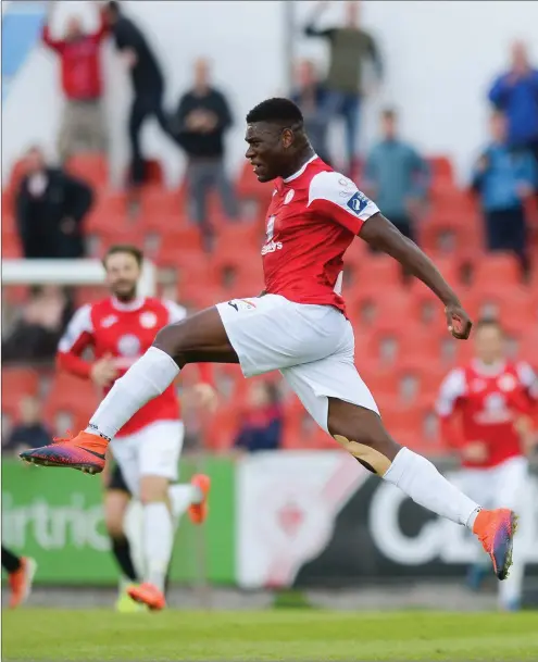  ??  ?? Benny Igiehon of Sligo Rovers celebrates after scoring his side’s first goal during the SSE Airtricity League Premier Division match between Sligo Rovers and Dundalk at the Showground­s