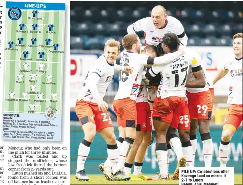  ??  ?? PILE UP: Celebratio­ns after Kazenga LuaLua makes it 2-1 to Luton
Below: Anis Mehmeti scores Wycombe’s goal from the penalty spot