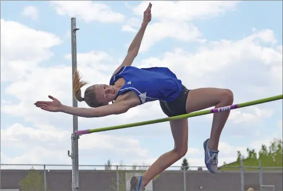  ?? STEVEN MAH/SOUTHWEST BOOSTER ?? Shaunavon’s Kortlyn Fuller won the Senior Girls High Jump when she cleared the bar at 1.59 Metres during the White Section Meet on May 16.