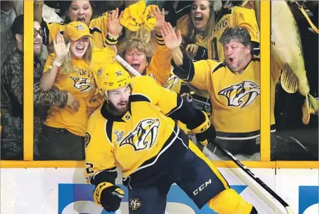  ?? Bruce Bennett Getty Images ?? FREDERICK GAUDREAU of the Nashville Predators celebrates after scoring a second-period goal in Game 3 of the Stanley Cup Final.