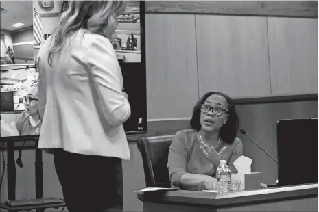  ?? ALYSSA POINTER/POOL PHOTO VIA AP ?? Ashleigh Merchant, left, attorney for Michael Roman, questions Fulton County District Attorney Fani Willis during a hearing on the Georgia election interferen­ce case Thursday in Atlanta.