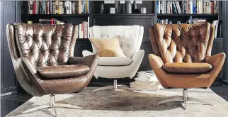  ??  ?? With a nod to mid-century modern style, the Wells swivel chair from Pottery Barn incorporat­es classic detailing.