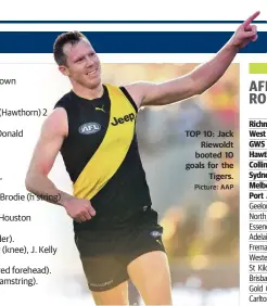  ?? Picture: AAP ?? TOP 10: Jack Riewoldt booted 10 goals for the Tigers.