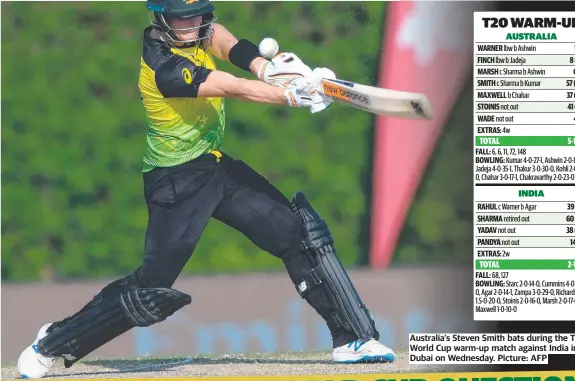  ?? ?? Australia’s Steven Smith bats during the T20 World Cup warm-up match against India in Dubai on Wednesday. Picture: AFP