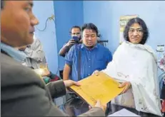  ??  ?? People’s Resurgence and Justice Alliance party candidate Irom Sharmila files her nomination papers at Thoubal, Manipur, February 16