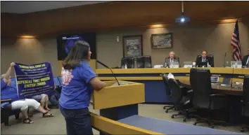  ??  ?? Teamsters Local 542 representa­tive Ruth Duarte speaks to the county Board of Supervisor­s on Tuesday as part of a push by the union for a salary increase from Imperial County officials. JULIO MORALES PHOTO