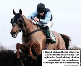  ?? Picture: Tim Goode/PA ?? Sigurd, pictured being ridden by Gavin Sheehan in December, can register his fourth victory of a fine
campaign in the racingtv.com Handicap Chase at Wetherby today