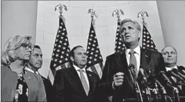  ?? SUSAN WALSH/AP ?? Rep. Kevin McCarthy of California speaks Wednesday after the House Republican caucus elected him to be leader when the party moves into minority status in the next Congress.