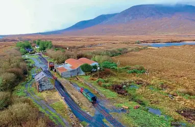  ?? CONNEMARA RAILWAY PROJECT ?? A drone view of the train at the station, dwarfed by the wildness of its surroundin­gs.