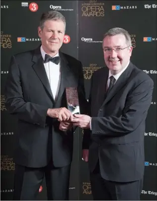  ??  ?? Wexford Festival Opera Artistic Director David Agler and Chief Executive David McLoughlin with the ‘Best Festival’ Award at the Internaton­al Opera Awards in the London Coliseum on Sunday night.