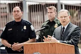  ?? DAVID MAUNG/EPA ?? Attorney General Jeff Sessions speaks Monday at the U.S.-Mexico border in San Diego.